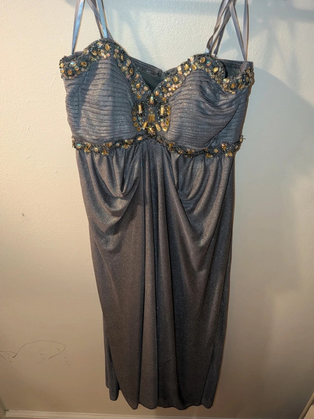 Cachet Silver Strapless Beaded Evening Dress